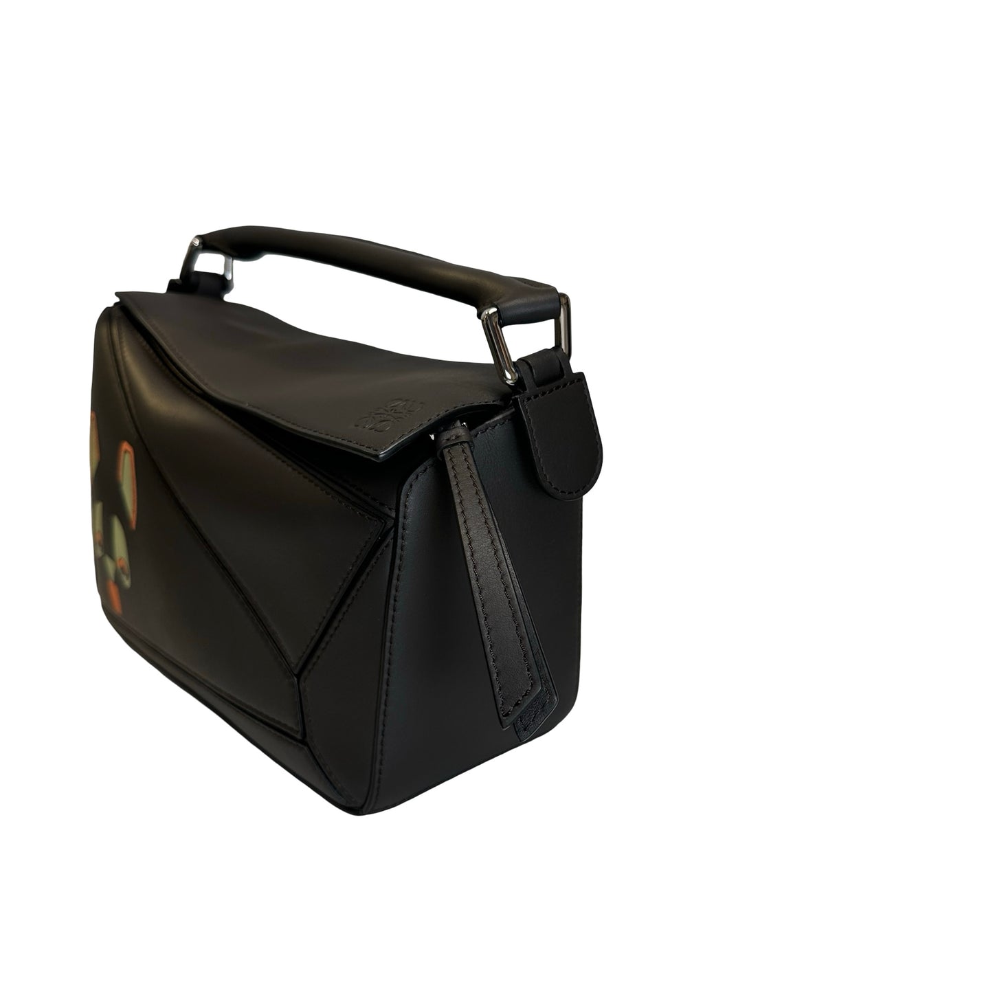 Used LOEWE Calfskin Puzzle Bag Small Shoulder Bag Black Orange Green