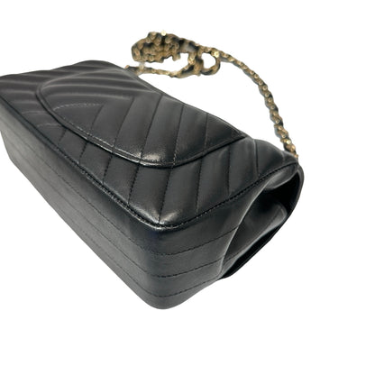 Used CHANEL Chevron Lambskin Leather Mini Square Flap Chain Shoulder Bag Black GHW