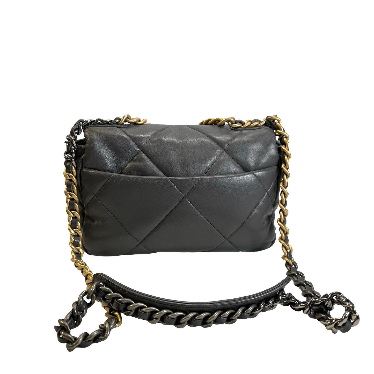 Used CHANEL Quilted Goatskin Chanel 19 Chain Shoulder Bag Grey Gold Ruthenium