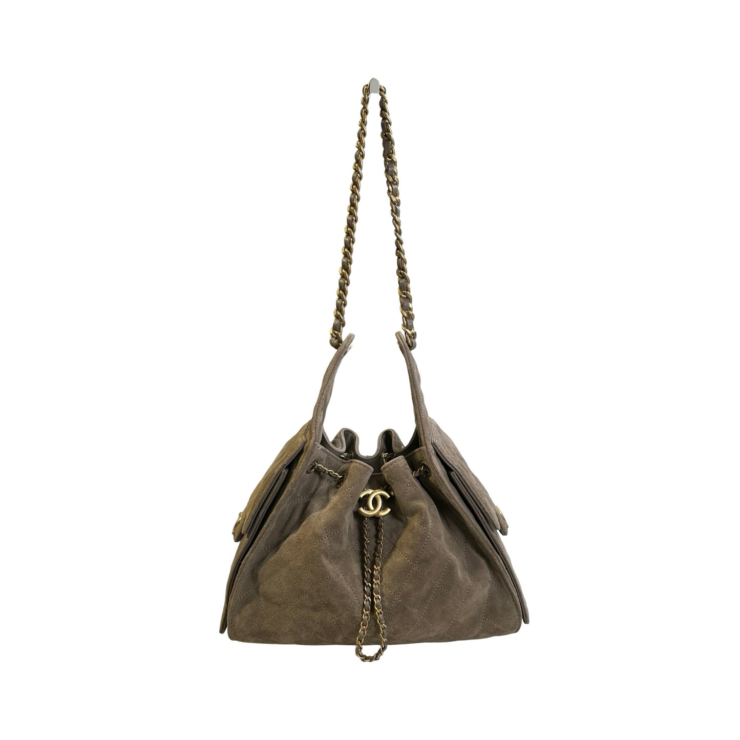 Used CHANEL Suede Quilted Suede Quilted Handbag Handbag Khaki Gold