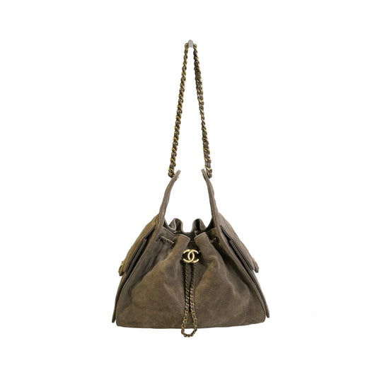 Used CHANEL Suede Quilted Suede Quilted Handbag Handbag Khaki Gold