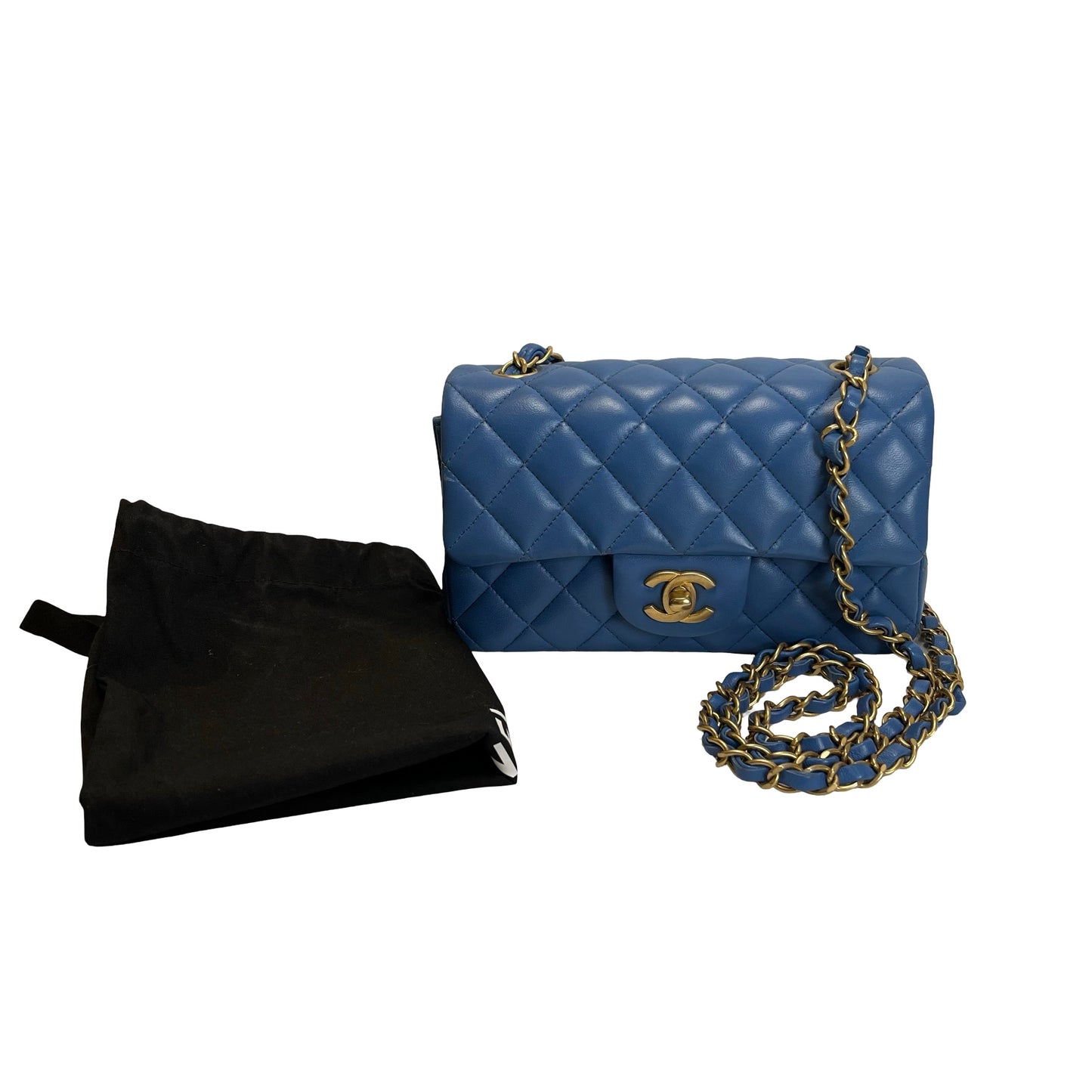 Used CHANEL Quilted Lambskin Classic Flap Handbag Blue Gold hardware