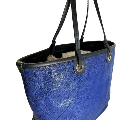 Used CHANEL Quilted Caviar Leather GST Tote Bag Blue Silver