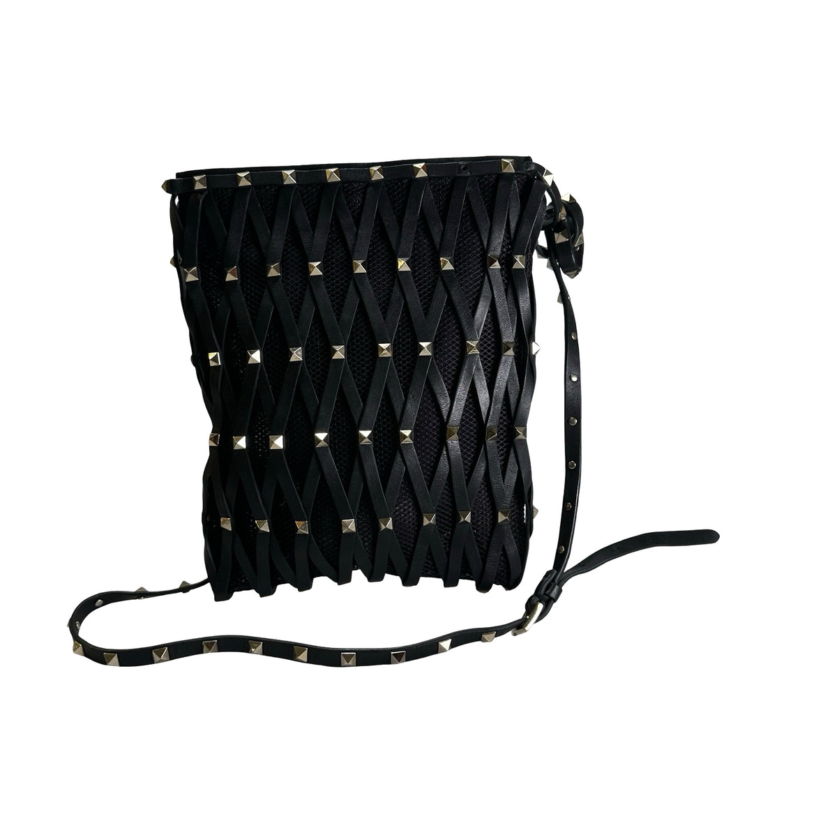 Used VALENTINO Leather Mesh Rockstud Spike Tote Bag Black Silver