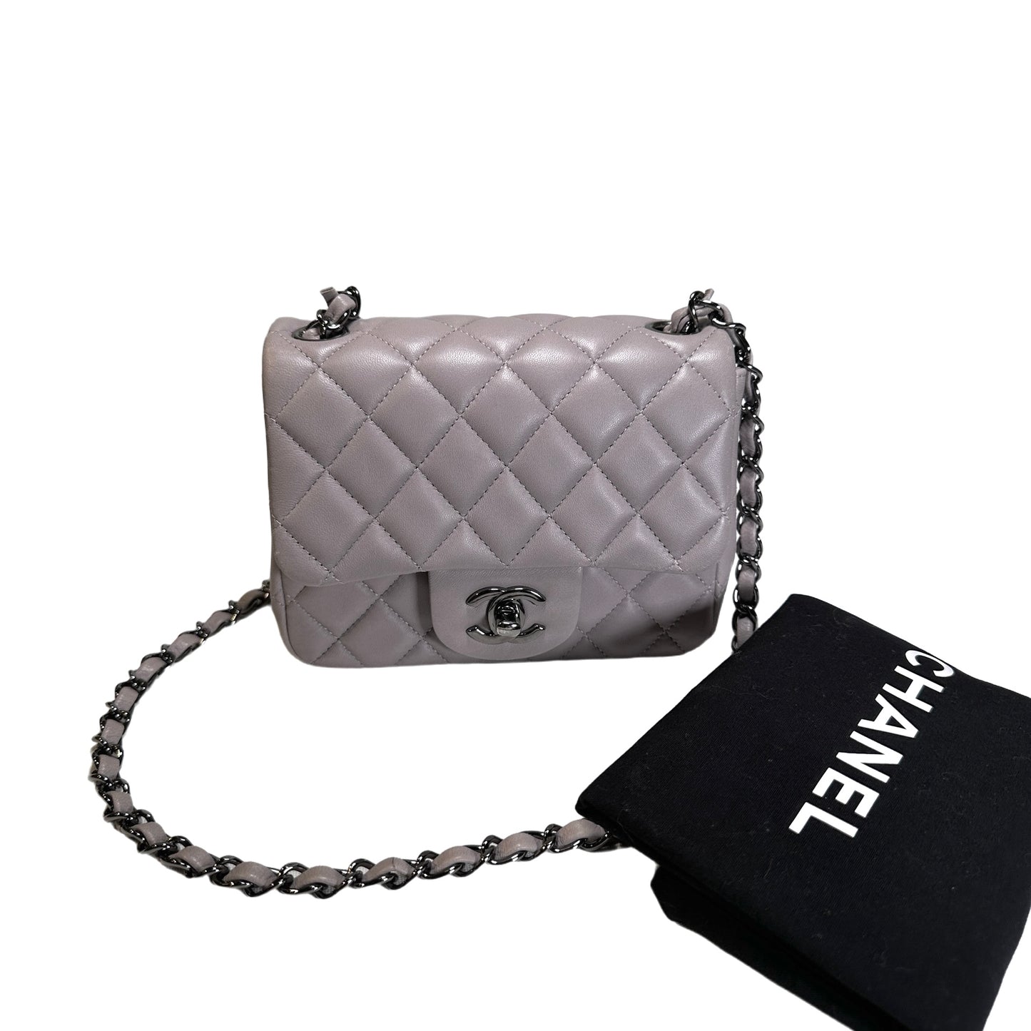 Used CHANEL Lambskin Classic Flap Bag Cross body bag Grey PHW