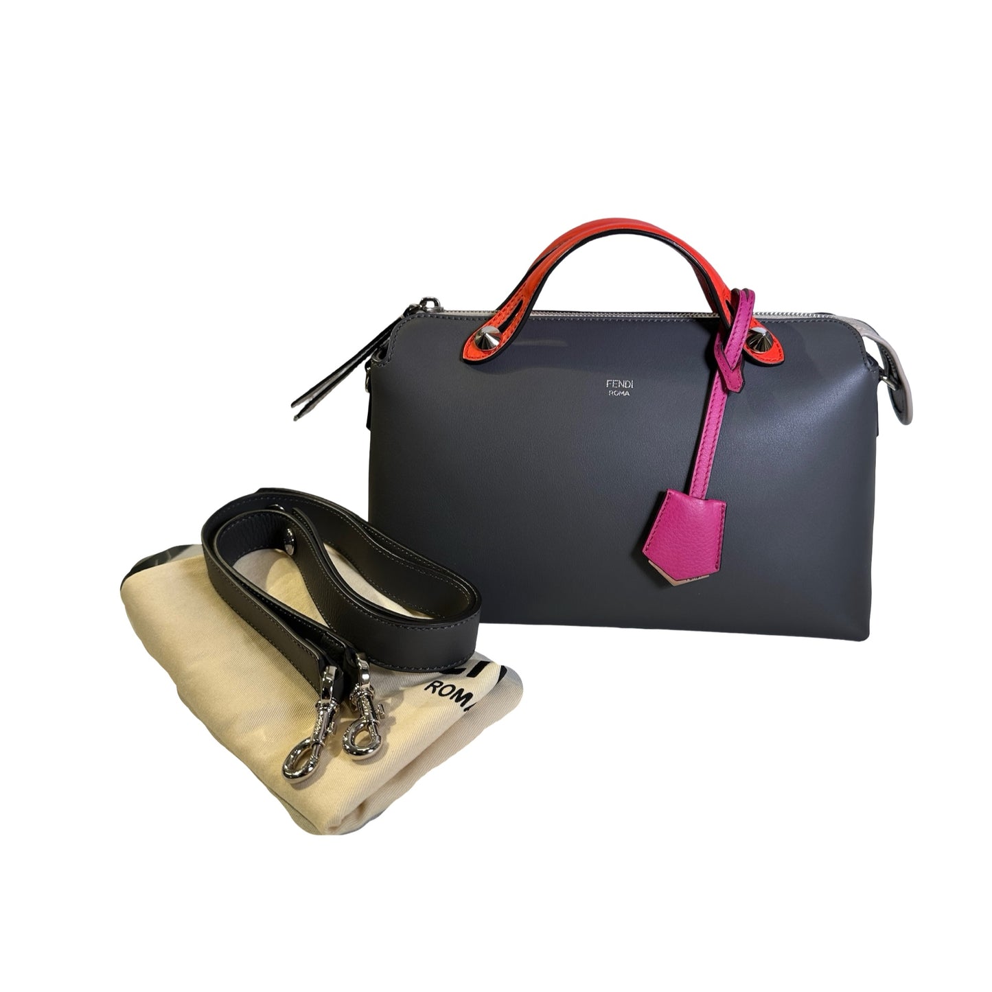 Used FENDI Leather By The Way Handbag Grey Orange Pink