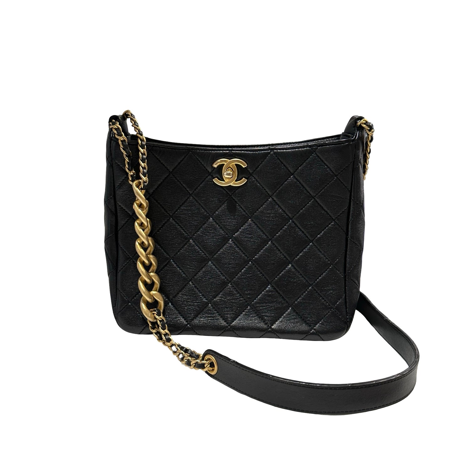 Used CHANEL Lambskin 22PHobo Bag Shoulder Bag Black Gold