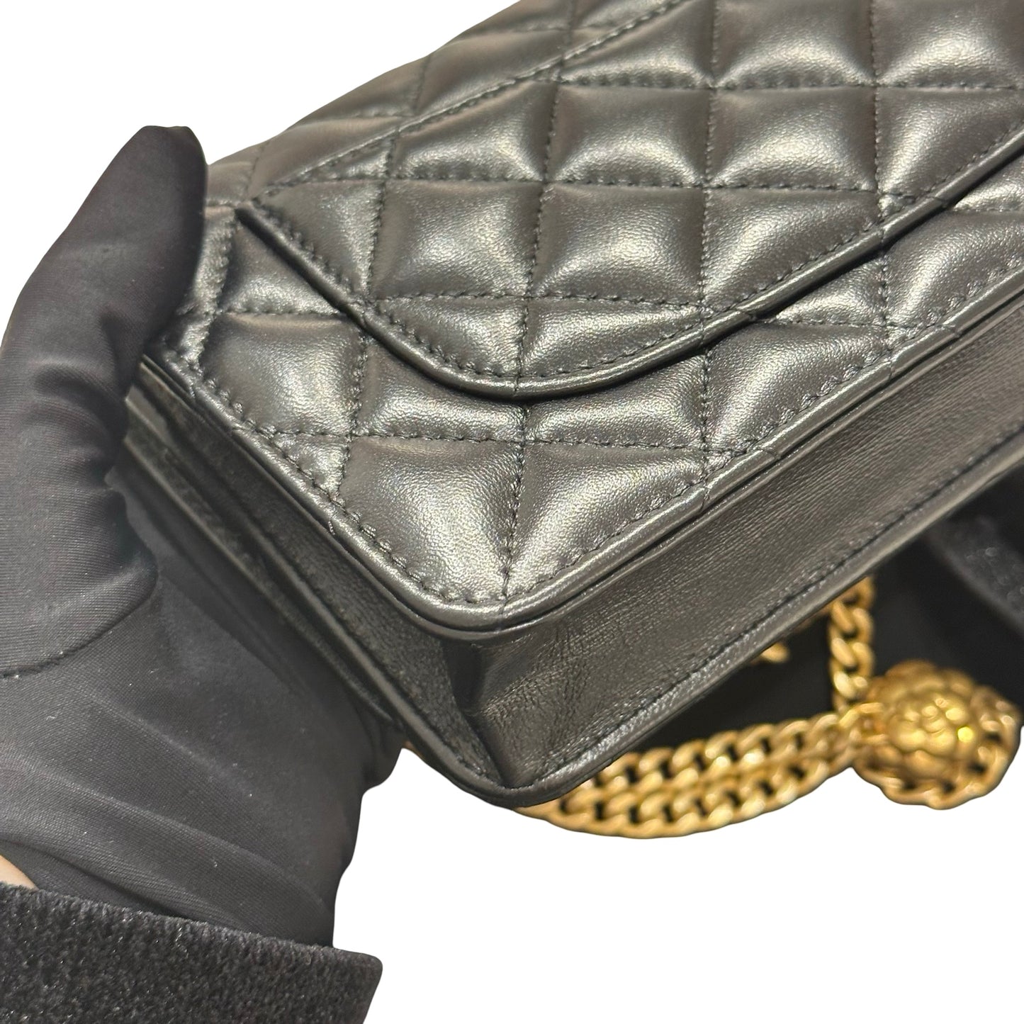 Used CHANEL WOC with Camellia Chain Shoulder Bag Black GHW