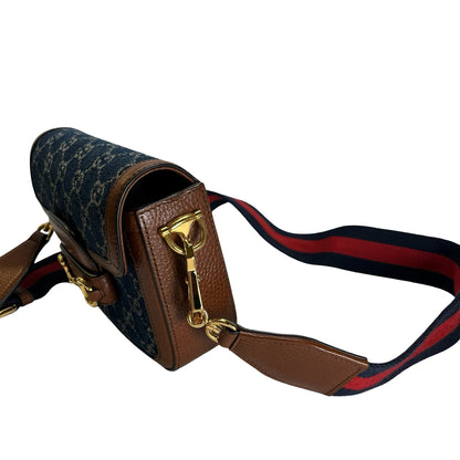 Used GUCCI GG Canvas Leather Trim Horsebit 1955 Mini Bag Shoulder Bag Blue Brown