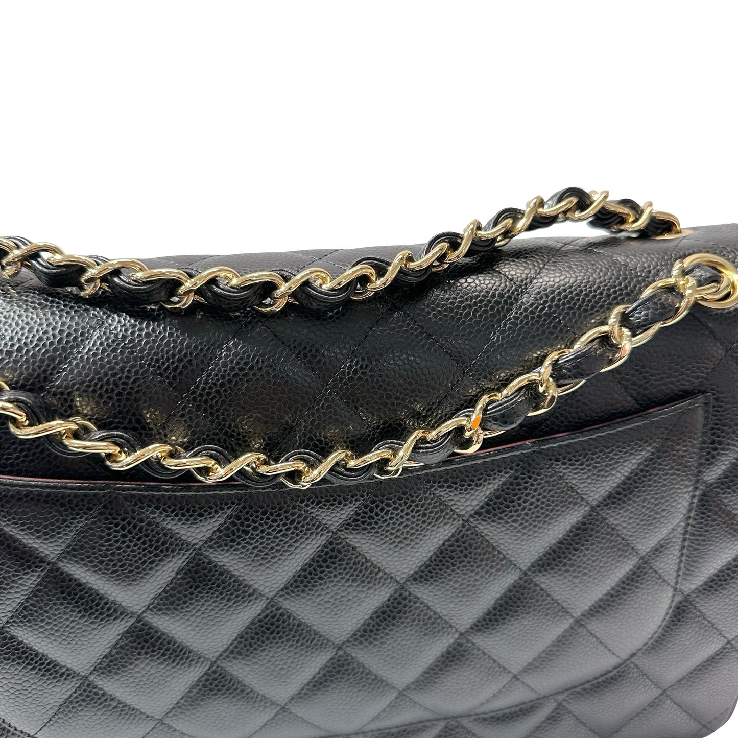Used CHANEL Calfskin Leather Jumbo Chain Shoulder Bag GHW Black