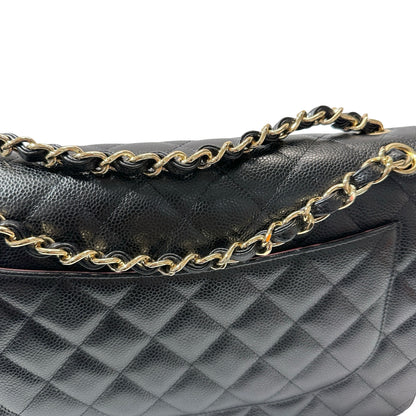 Used CHANEL Calfskin Leather Jumbo Chain Shoulder Bag GHW Black