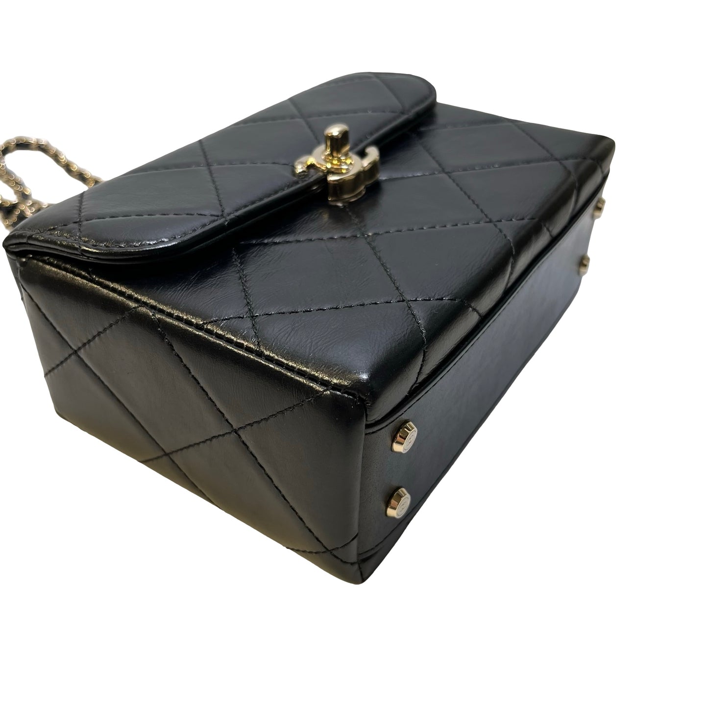 Used CHANEL Quilted Lambskin Mini flap bag with top handle Mini Bag Black Gold tone hardware