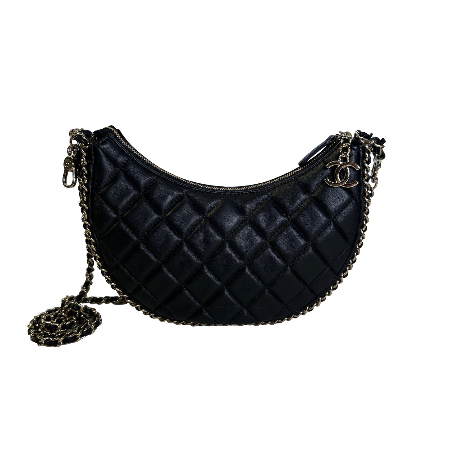 Used CHANEL Quilted Leather Quilted Hobo Hobo Bag Black Gold