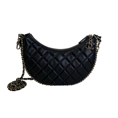 Used CHANEL Quilted Leather Quilted Hobo Hobo Bag Black Gold