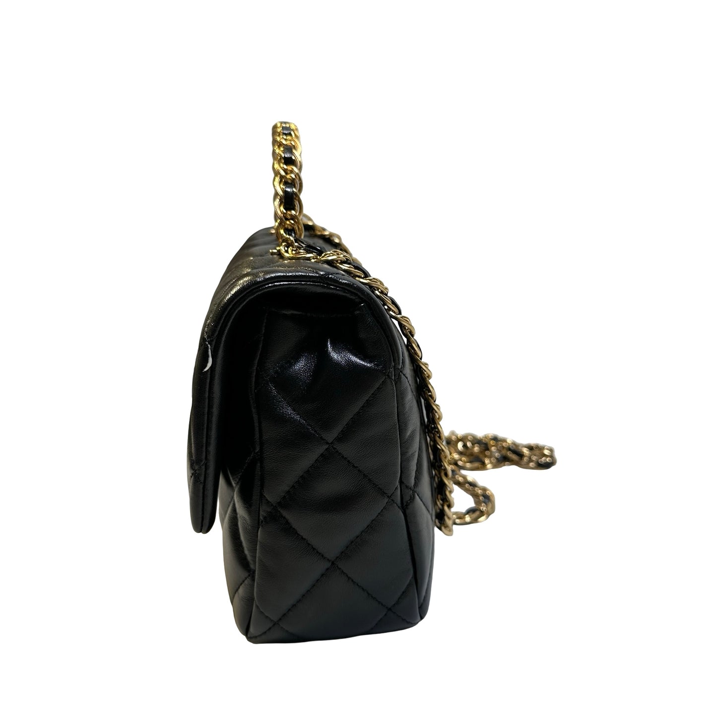 Used CHANEL Quilted Lambskin Top Handle Flap Bag Handbag Black