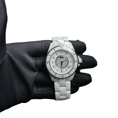 Used CHANEL White Ceramic Diamond J12 Watch White Silver