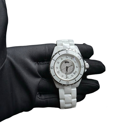Used CHANEL White Ceramic Diamond J12 Watch White Silver
