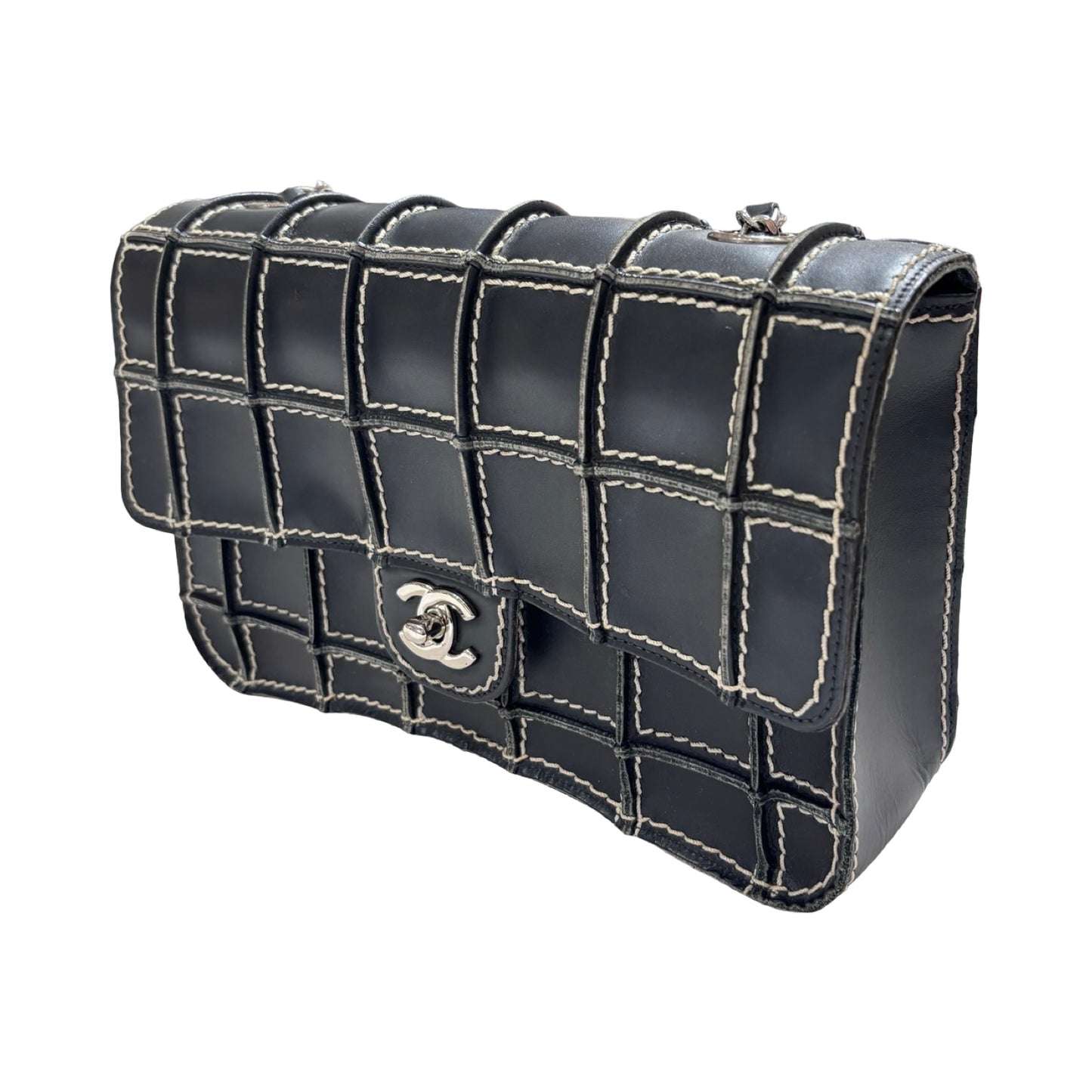 Used CHANEL Calfskin Leather Square Stitch Flap Chain Shoulder Bag Black GHW