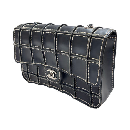 Used CHANEL Calfskin Leather Square Stitch Flap Chain Shoulder Bag Black GHW