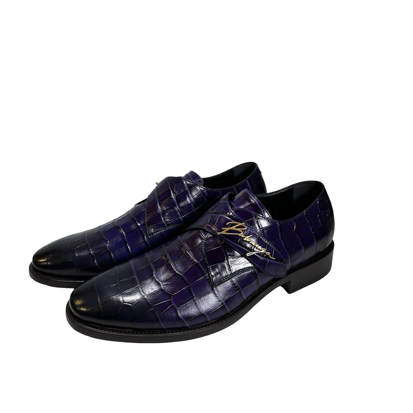 Used BALENCIAGA Crocodile-Embossed Cursive Logo Formal Shoes Shoes Purple