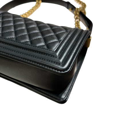 Used CHANEL Calfskin Leather Boy 20cm Shoulder Bag Black GHW