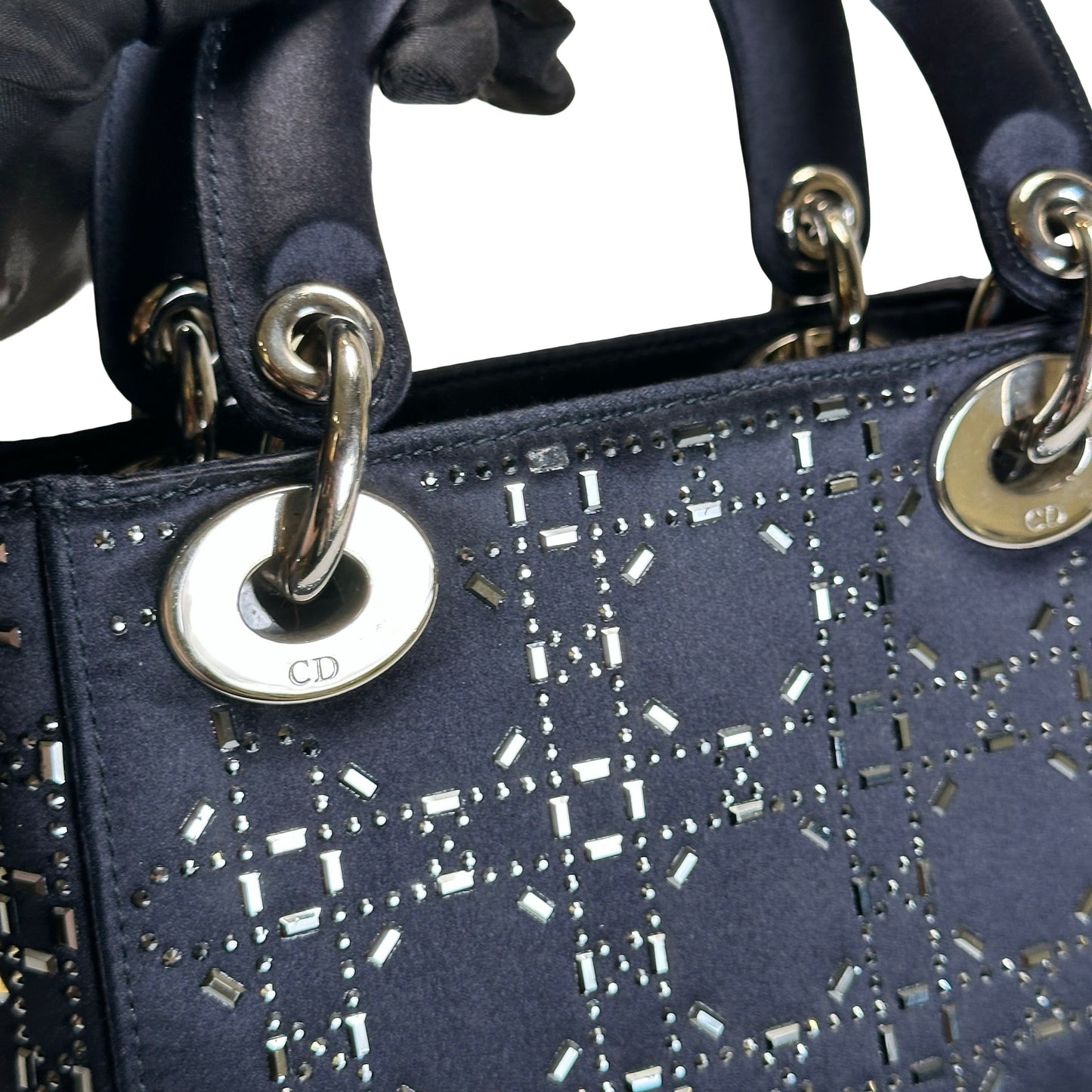 Used DIOR Cannage Rhinestone Lady Dior Handbag Black Silver
