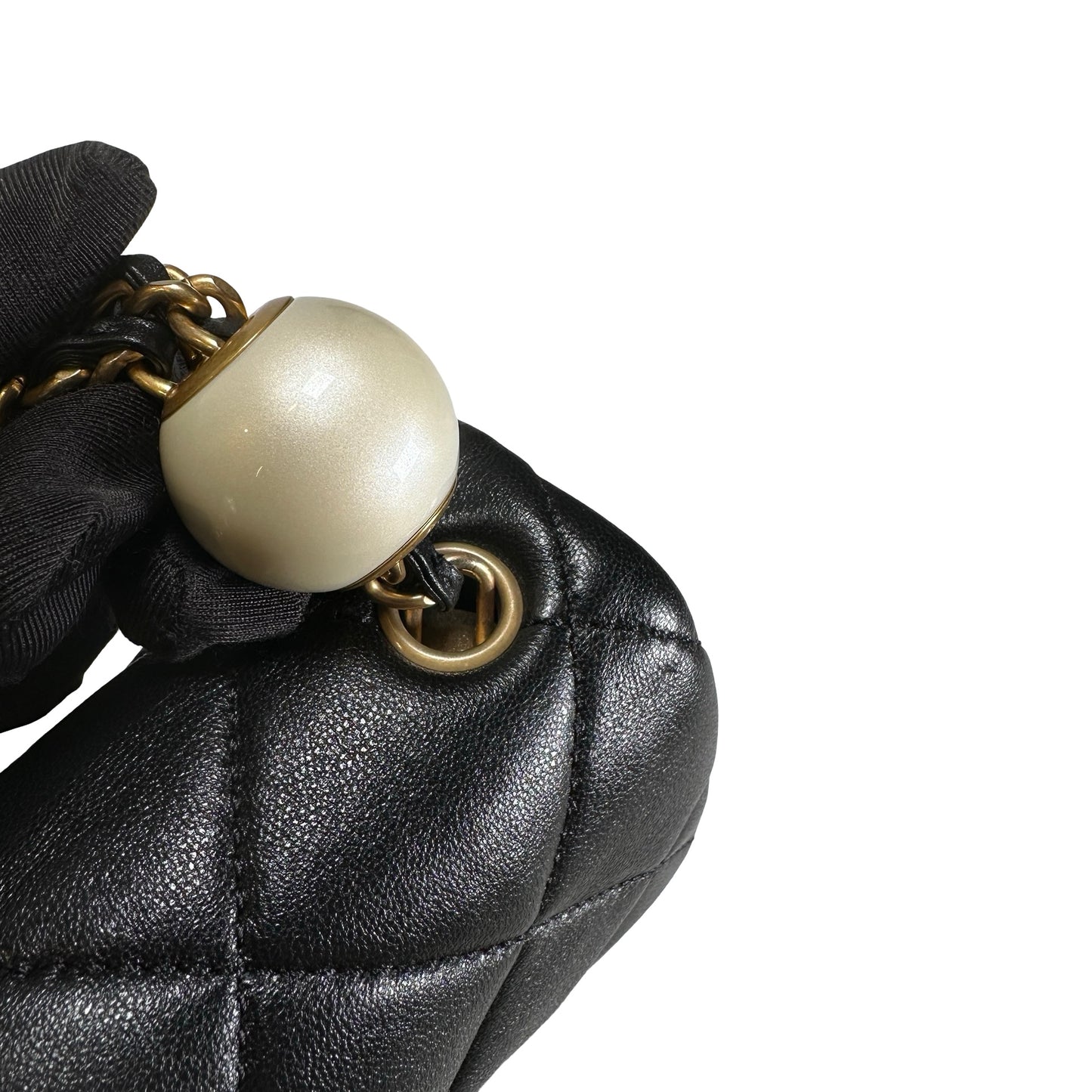 Used CHANEL Lambskin Quilted Mini Flap Bag Pearl Crush Mini Flag Bag with Gold Ball Black Gold