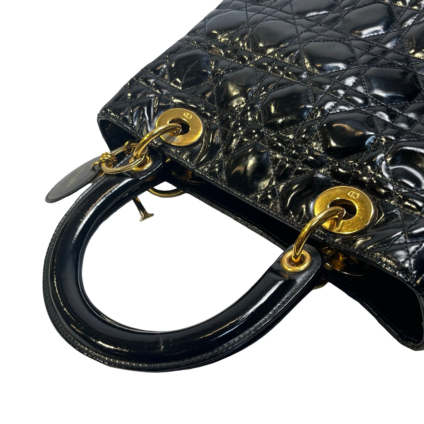 Used DIOR Cannage Patent Leather Lady Dior Handbag Black Gold