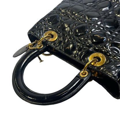 Used DIOR Cannage Patent Leather Lady Dior Handbag Black Gold