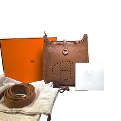 Used HERMES Clemence Leather Evelyne Crossbody Bag Brown GHW