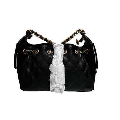 New CHANEL Caviar Leather 25 Mini Hobo Shoulder Bag Black GHW