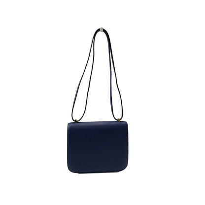 Used HERMÈS Calfskin Leather Mini Constance Cross Body Bag Blue
