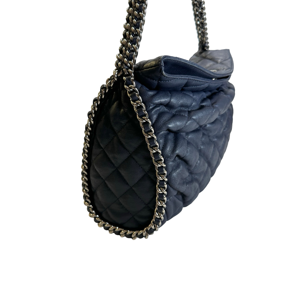 Used CHANEL Quilted Leather Quilted Shoulder Bag Chain Shoulder Bag Navy Blue Silver Hardware