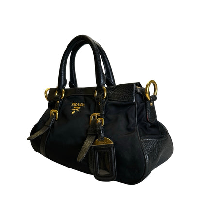 Used PRADA Nylon Leather Tessuto Vitello Daino Satchel Handbag Black Gold