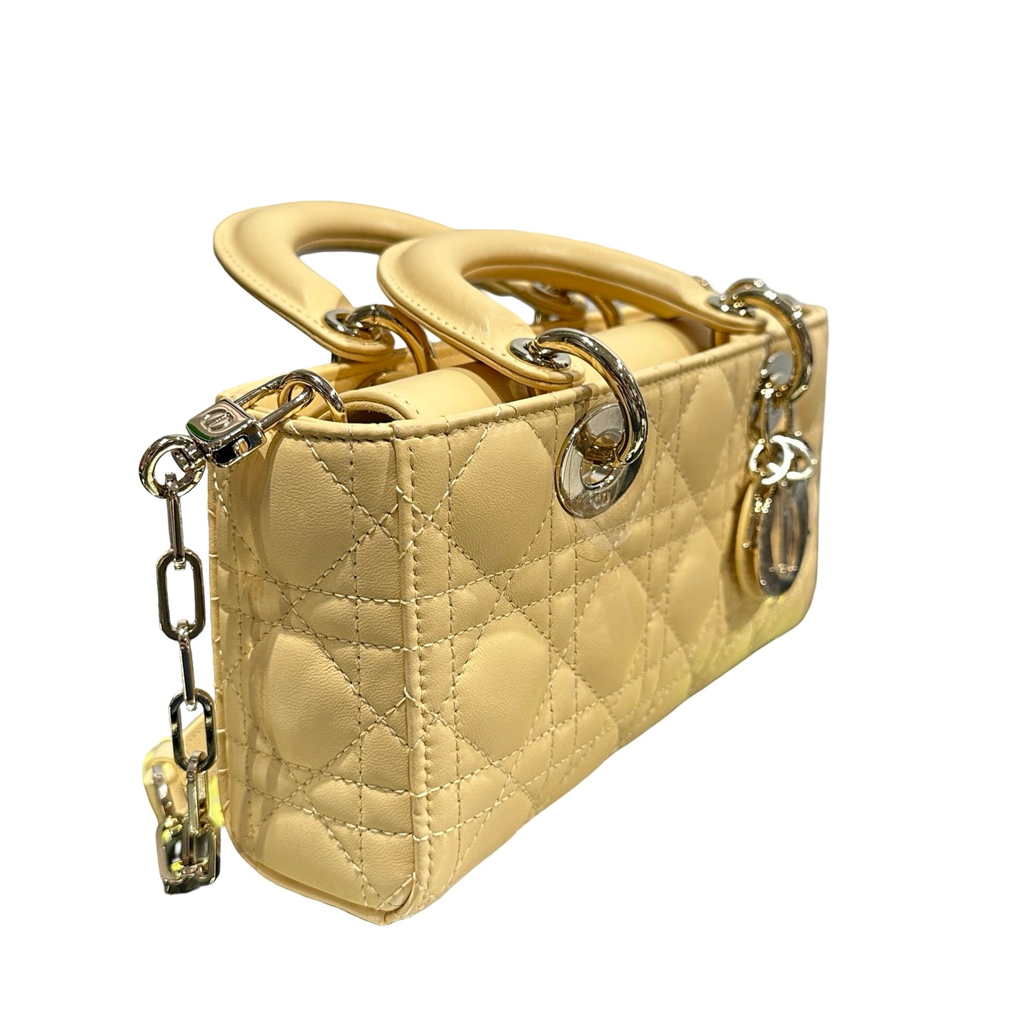 Used DIOR Lambskin Leather LADY D-JOY MINI Two Way Shoulder Bag Yellow PHW