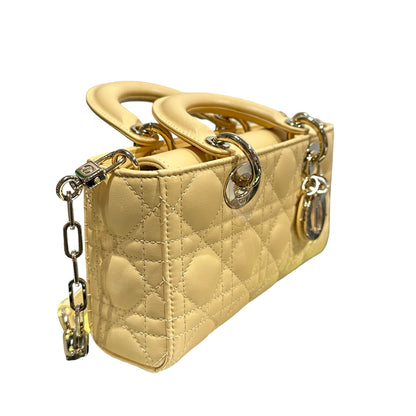 Used DIOR Lambskin Leather LADY D-JOY MINI Two Way Shoulder Bag Yellow PHW
