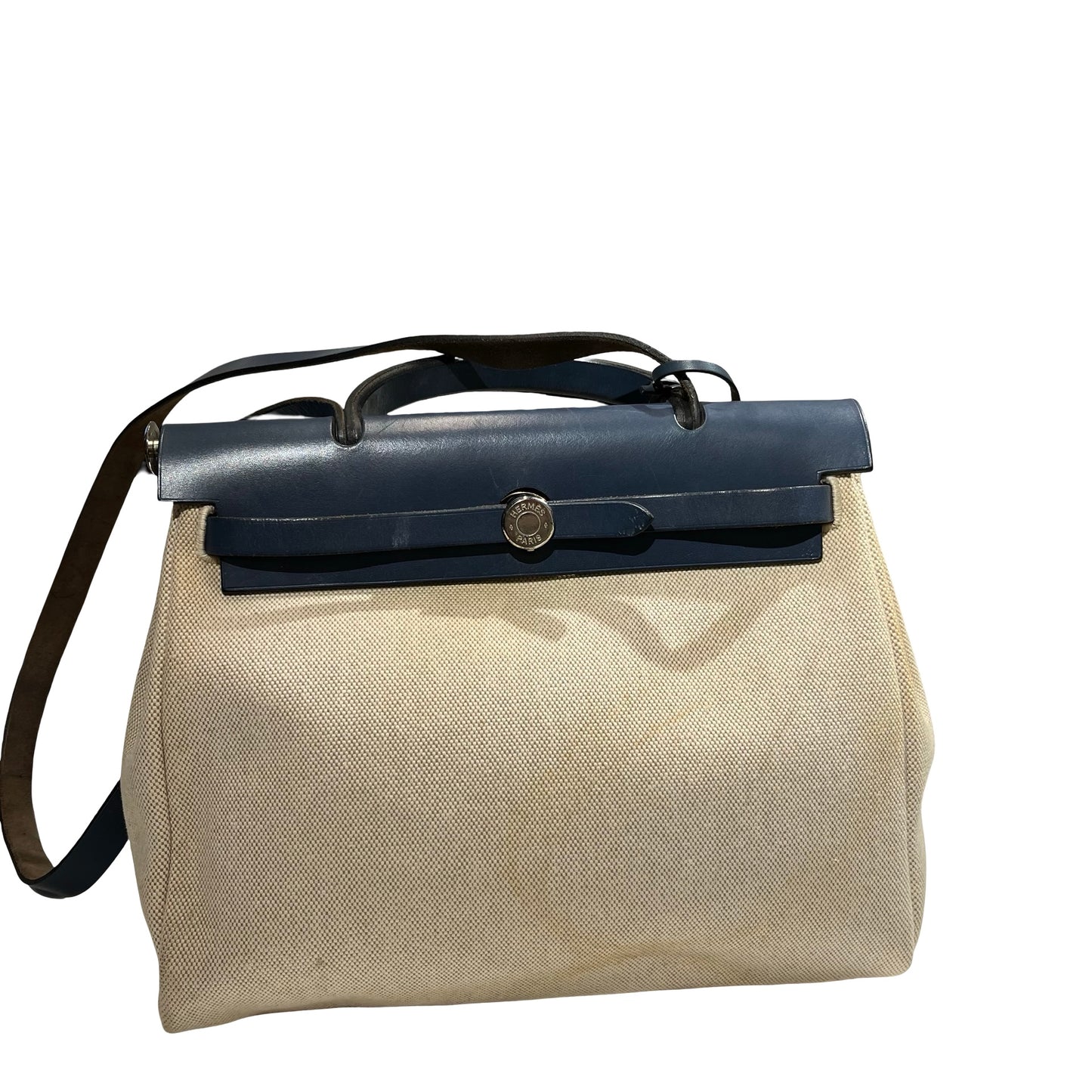 Used HERMES Canvas Leather Herbag Handbag Beige Blue