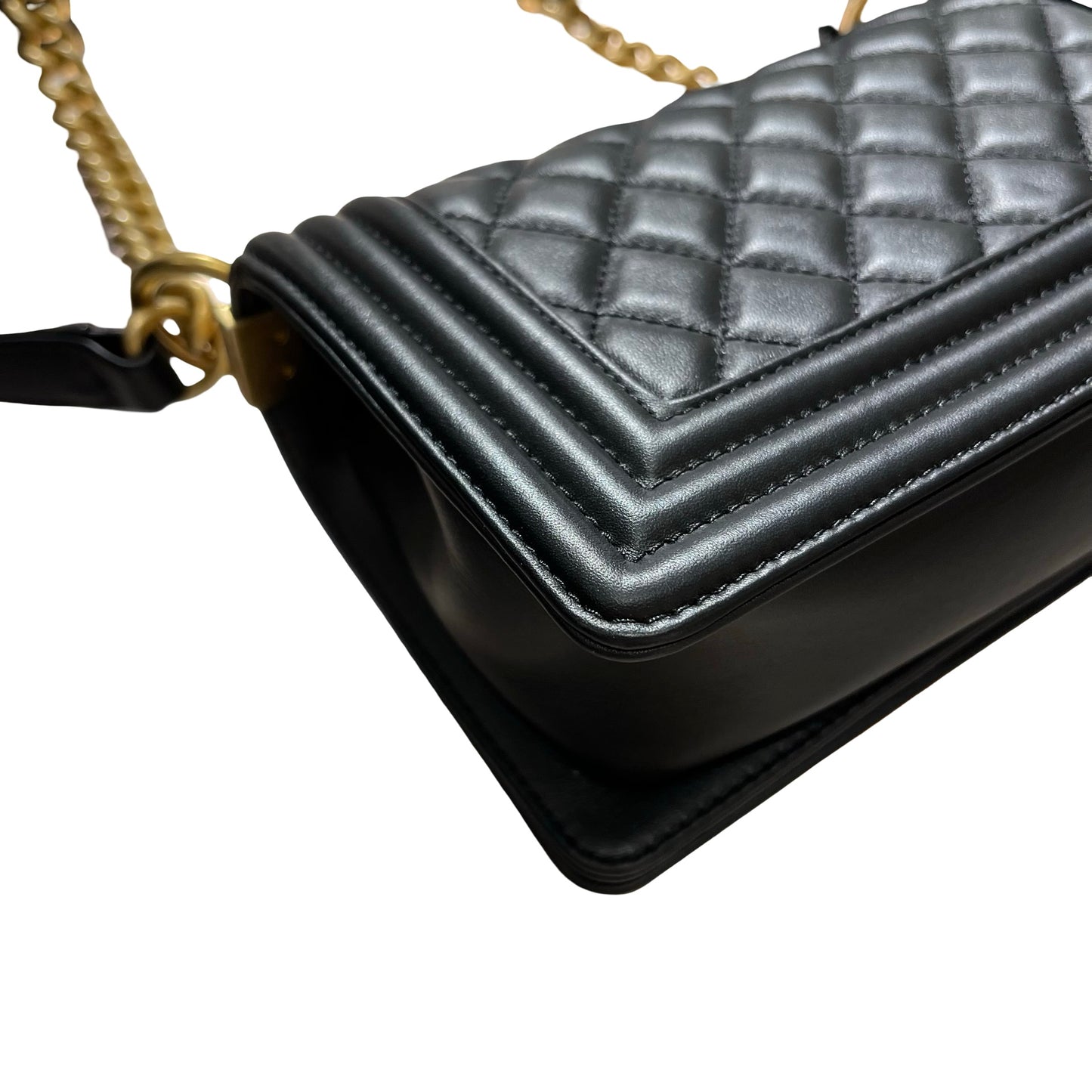 Used CHANEL Calfskin Leather Boy 20cm Shoulder Bag Black GHW
