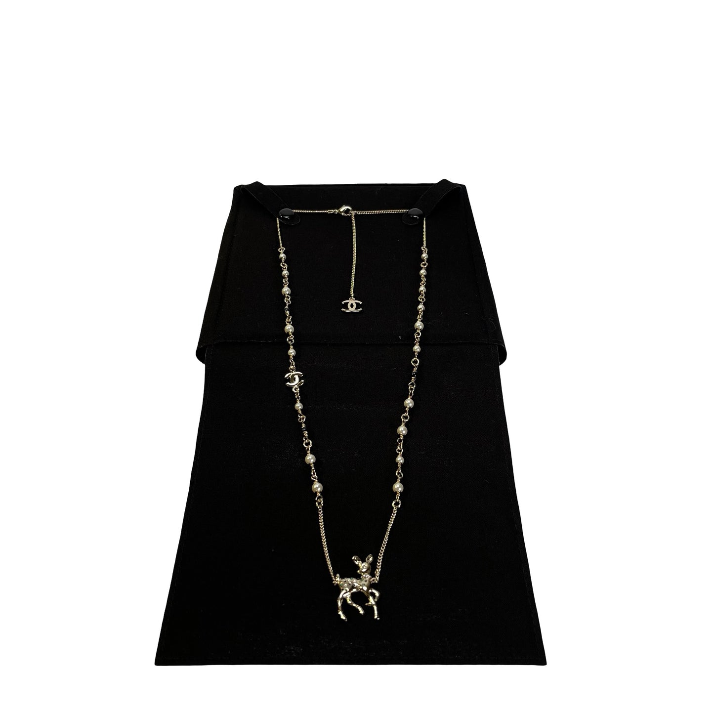 Brand New CHANEL Faux Pearl Metal Rhinestone Bambi Motif CC Pearl Long Necklace Necklace Gold White Green