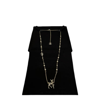 Brand New CHANEL Faux Pearl Metal Rhinestone Bambi Motif CC Pearl Long Necklace Necklace Gold White Green