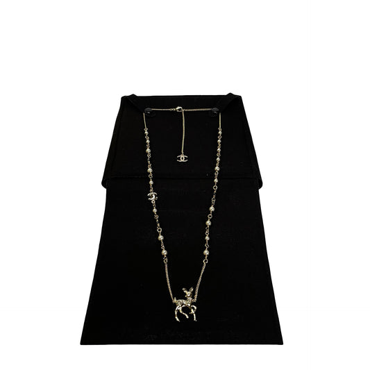 Brand New CHANEL Faux Pearl Metal Rhinestone Bambi Motif CC Pearl Long Necklace Necklace Gold White Green