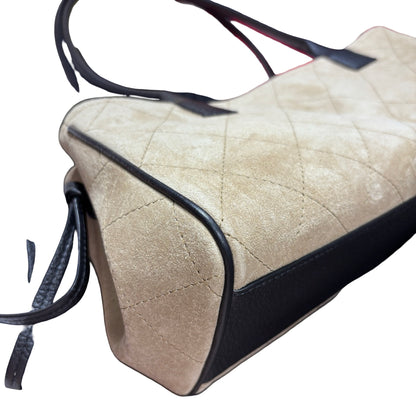 Brand New CHANEL Quilted Suede Leather Top Handle Flap Bag Shoulder Bag Beige Black