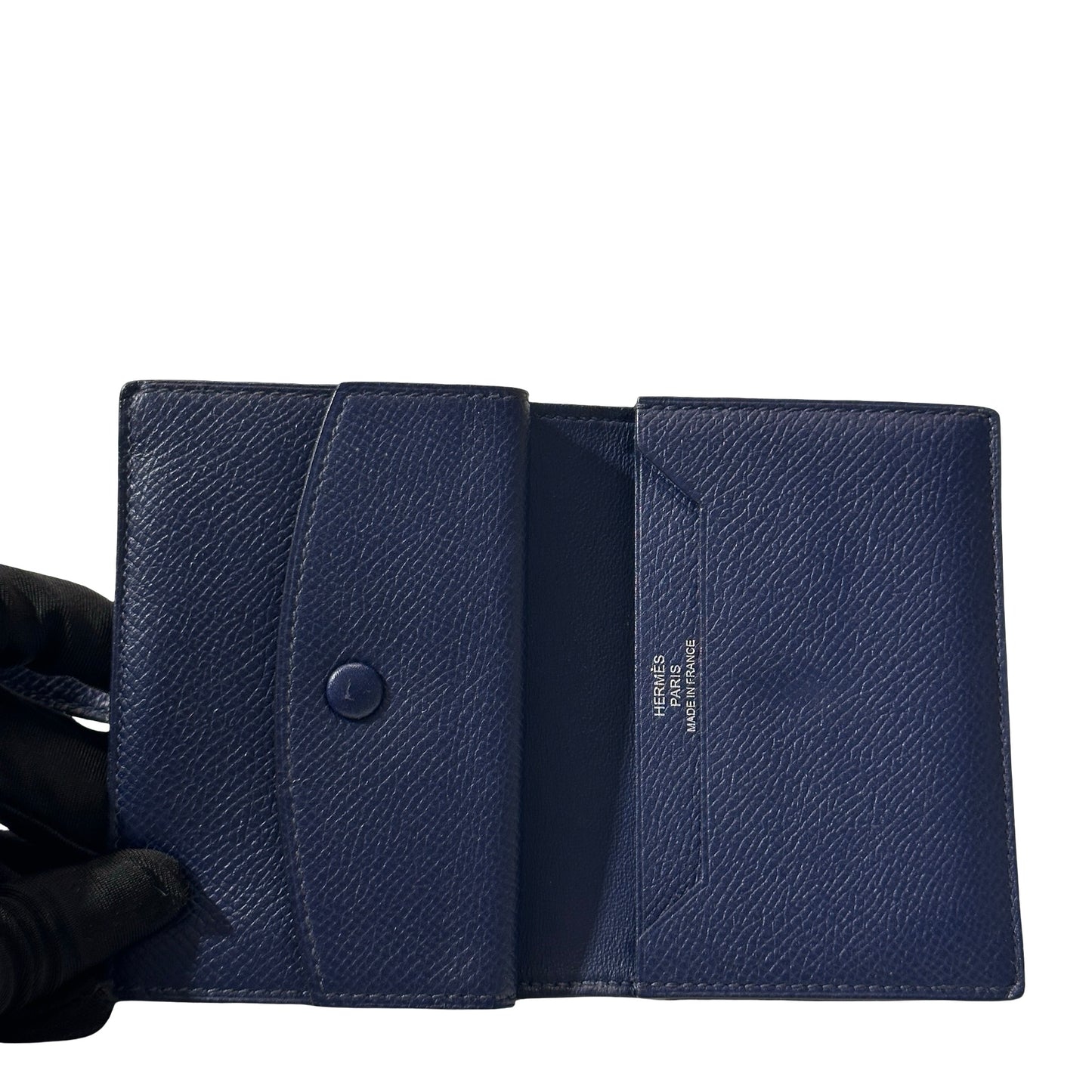 Used HERMÈS Calfskin Leather Bearn Wallet Navy Blue PHW