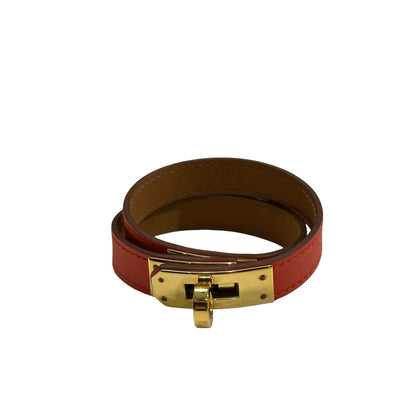 Used HERMES Leather Kelly Double Tour BRACELET Orange Gold