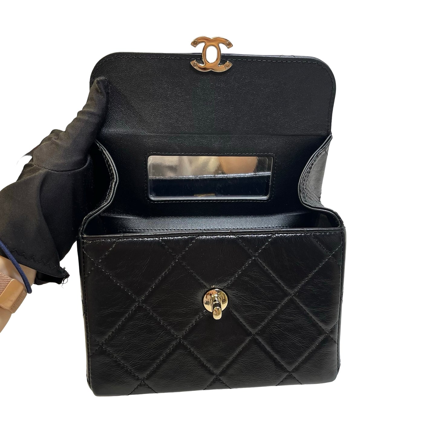 Used CHANEL Quilted Lambskin Mini flap bag with top handle Mini Bag Black Gold tone hardware