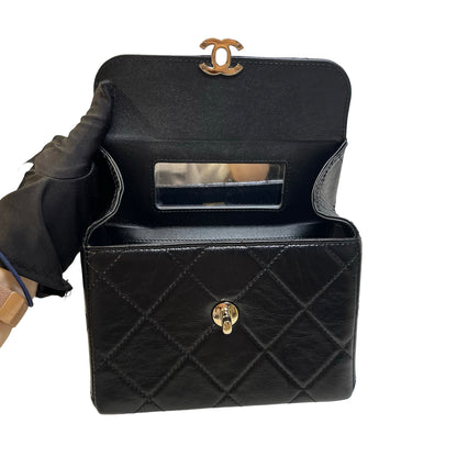 Used CHANEL Quilted Lambskin Mini flap bag with top handle Mini Bag Black Gold tone hardware