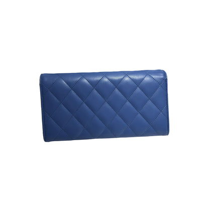 Used CHANEL Calfskin Leather Long Wallet Clutch Blue GHW