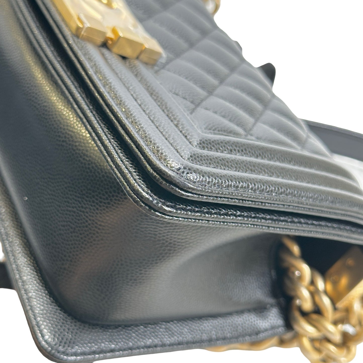 Used CHANEL Quilted Caviar Boy Bag Chain Shoulder Bag Black GHW