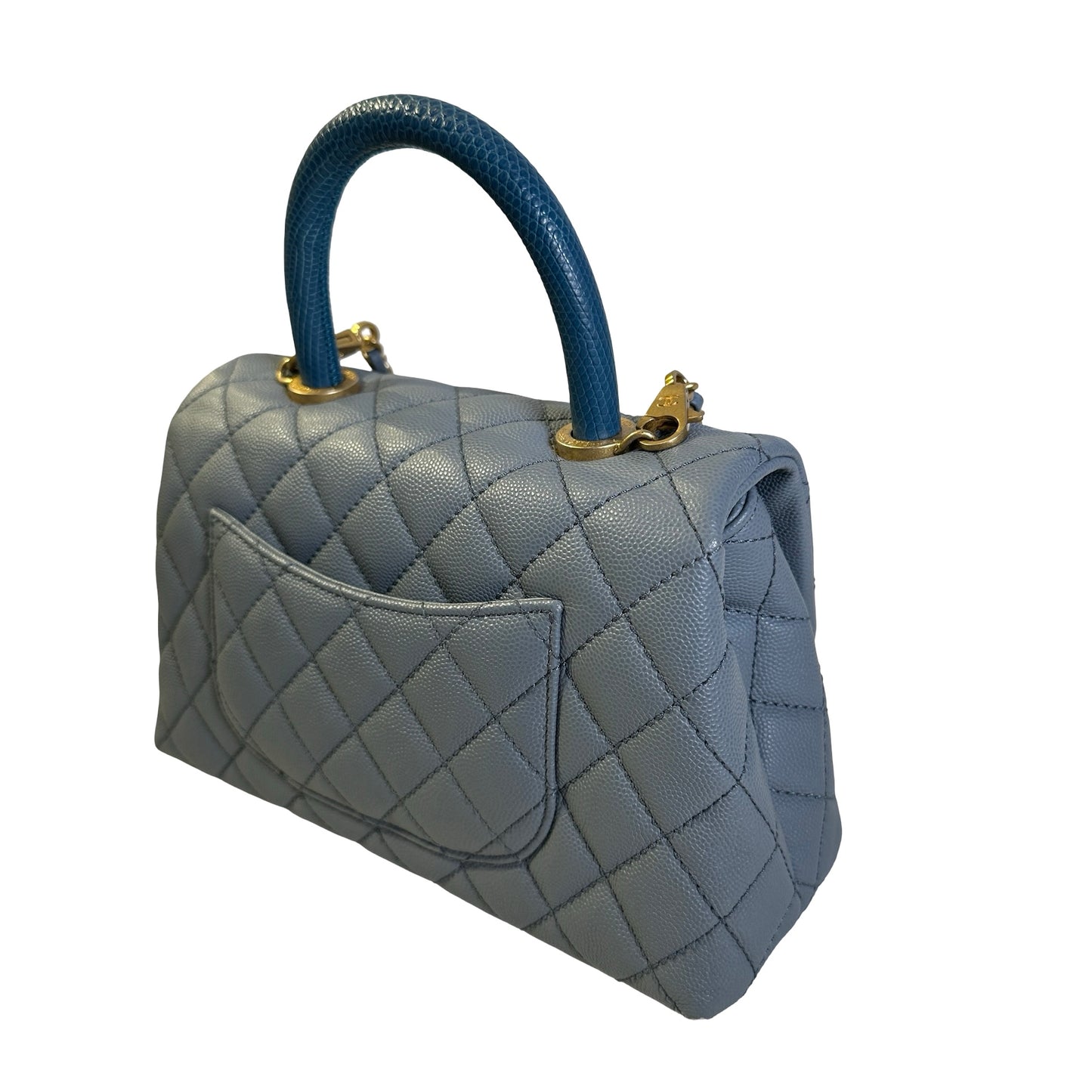 Used CHANEL Quilted Caviar Lizard Coco Handle Handbag Blue