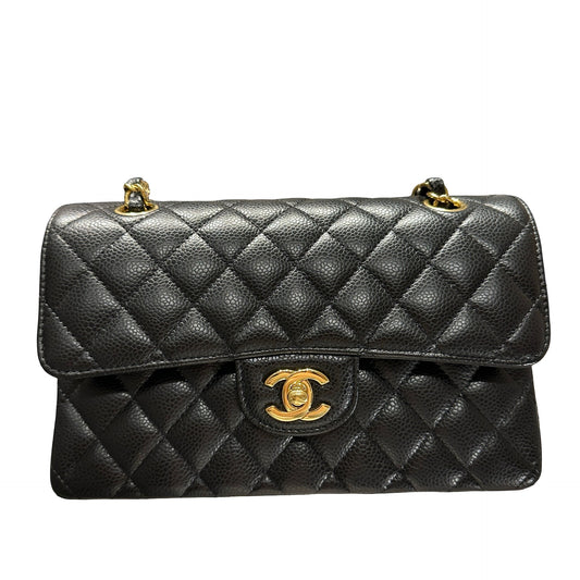 Used CHANEL Caviar Classic Flap Chain Shoulder Bag Black Gold